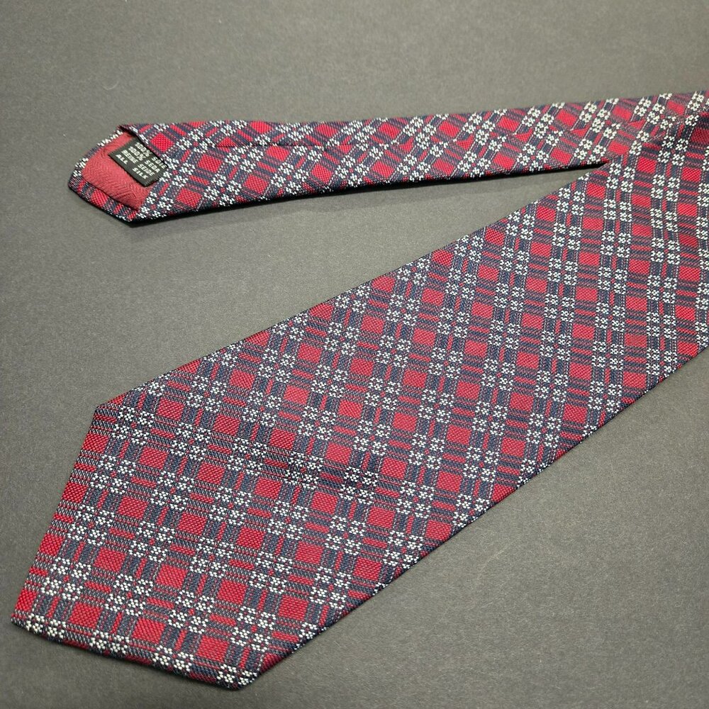 Nordstrom Made In Italy Red & Navy Small Plaid 100% Silk Tie Jacquard 62"x4"